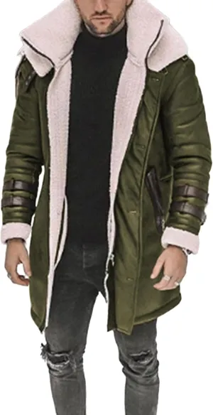 Mens Long Pea Sherpa Lined Trench Jacket Fleece Shearling Lining Heavyweight Suede Leather for Hunting Trucking