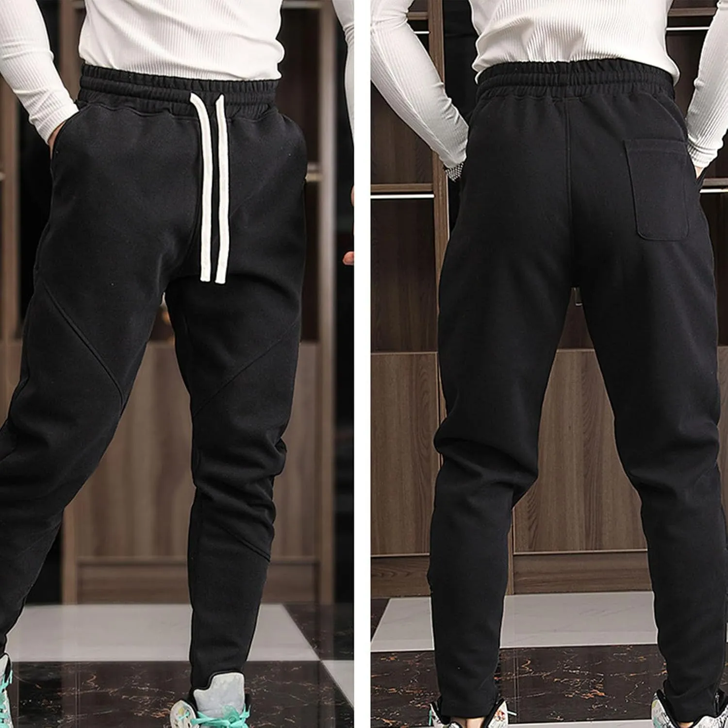 Men's Multi-Pocket Cargo Pants Drawstring Sports Jogger Elastic Waist Sweatpants Fleece Travel Trouser Comfy Pant