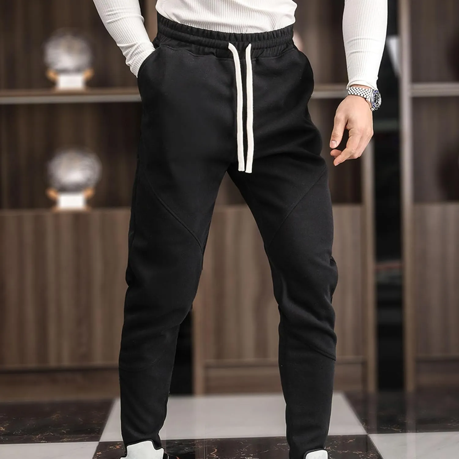 Men's Multi-Pocket Cargo Pants Drawstring Sports Jogger Elastic Waist Sweatpants Fleece Travel Trouser Comfy Pant