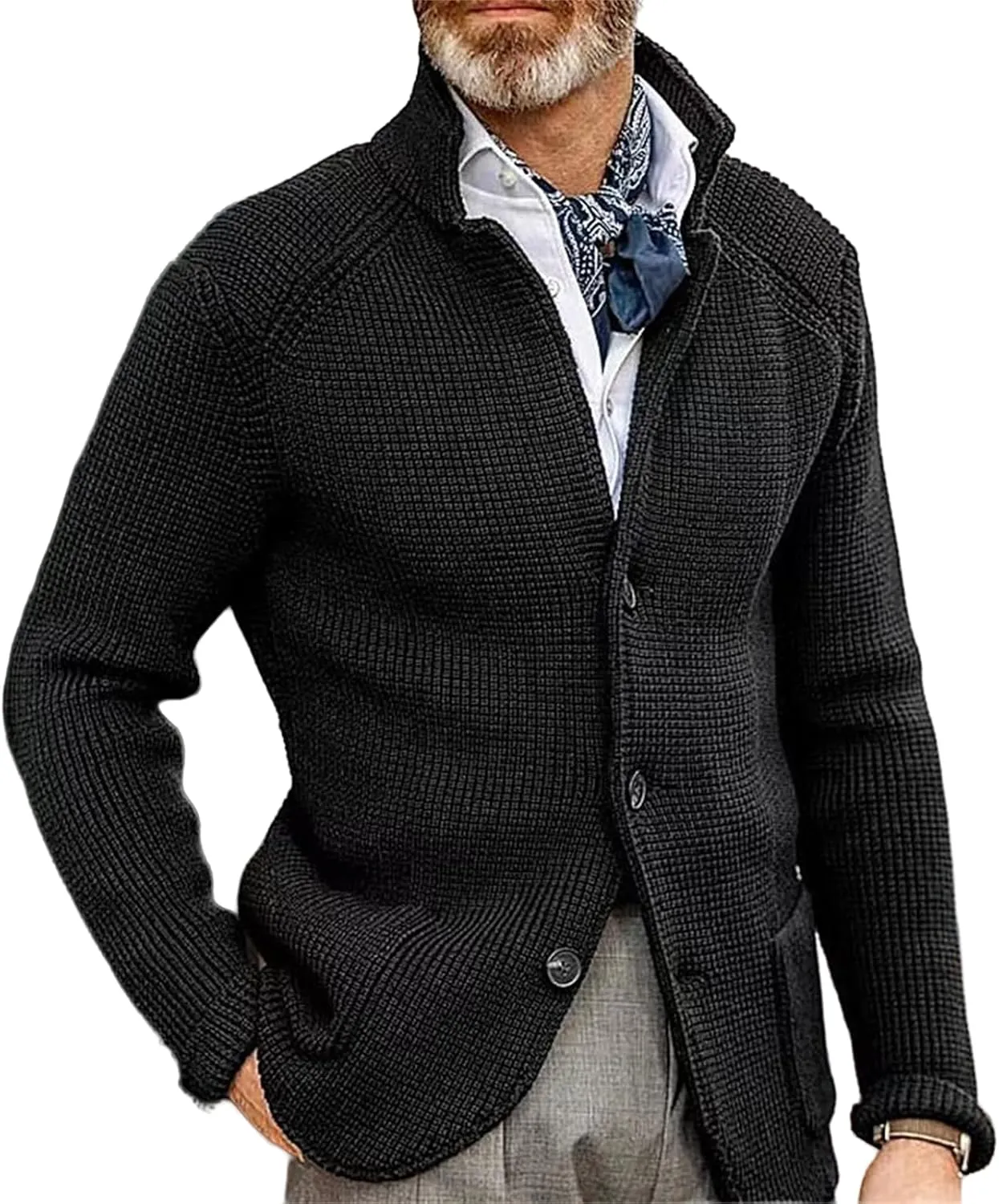 Men's Open Front Stand Collar Sweaters Slim Fit Button Down Cardigan Knitwear with Pockets