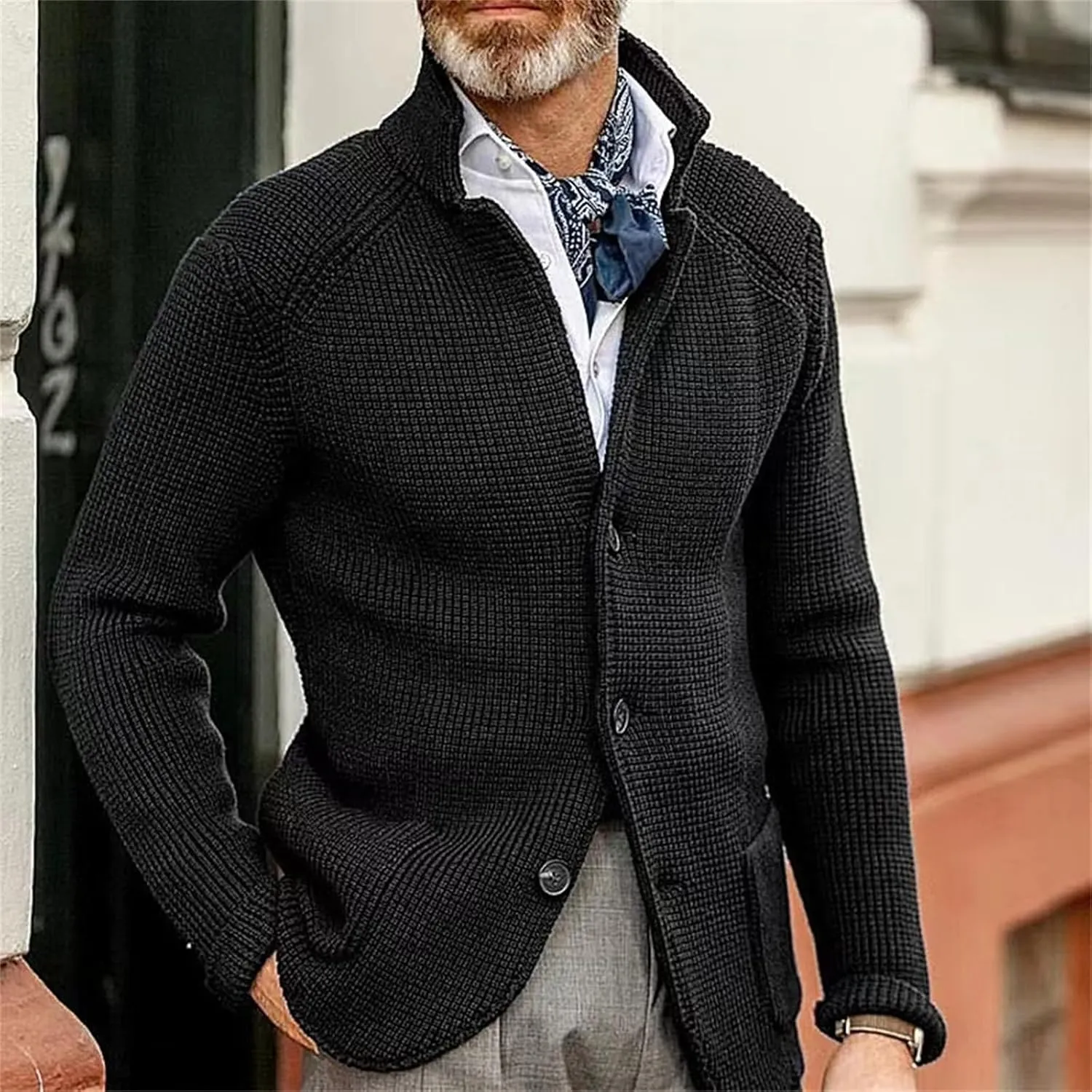 Men's Open Front Stand Collar Sweaters Slim Fit Button Down Cardigan Knitwear with Pockets