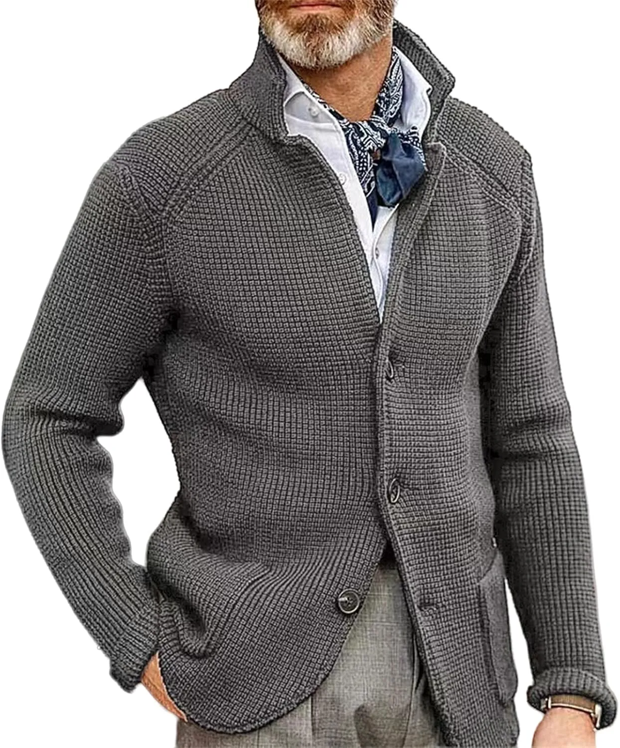 Men's Open Front Stand Collar Sweaters Slim Fit Button Down Cardigan Knitwear with Pockets