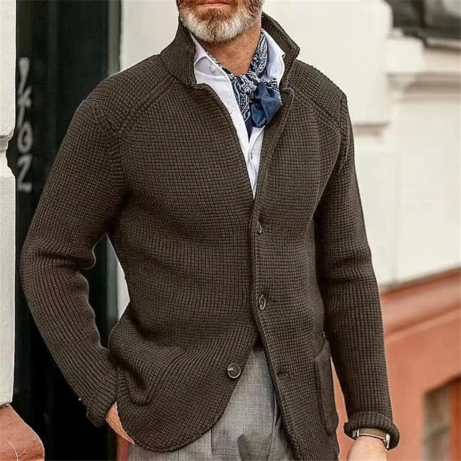 Men's Open Front Stand Collar Sweaters Slim Fit Button Down Cardigan Knitwear with Pockets