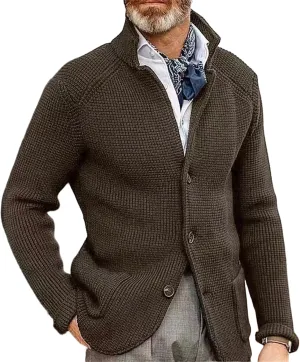 Men's Open Front Stand Collar Sweaters Slim Fit Button Down Cardigan Knitwear with Pockets