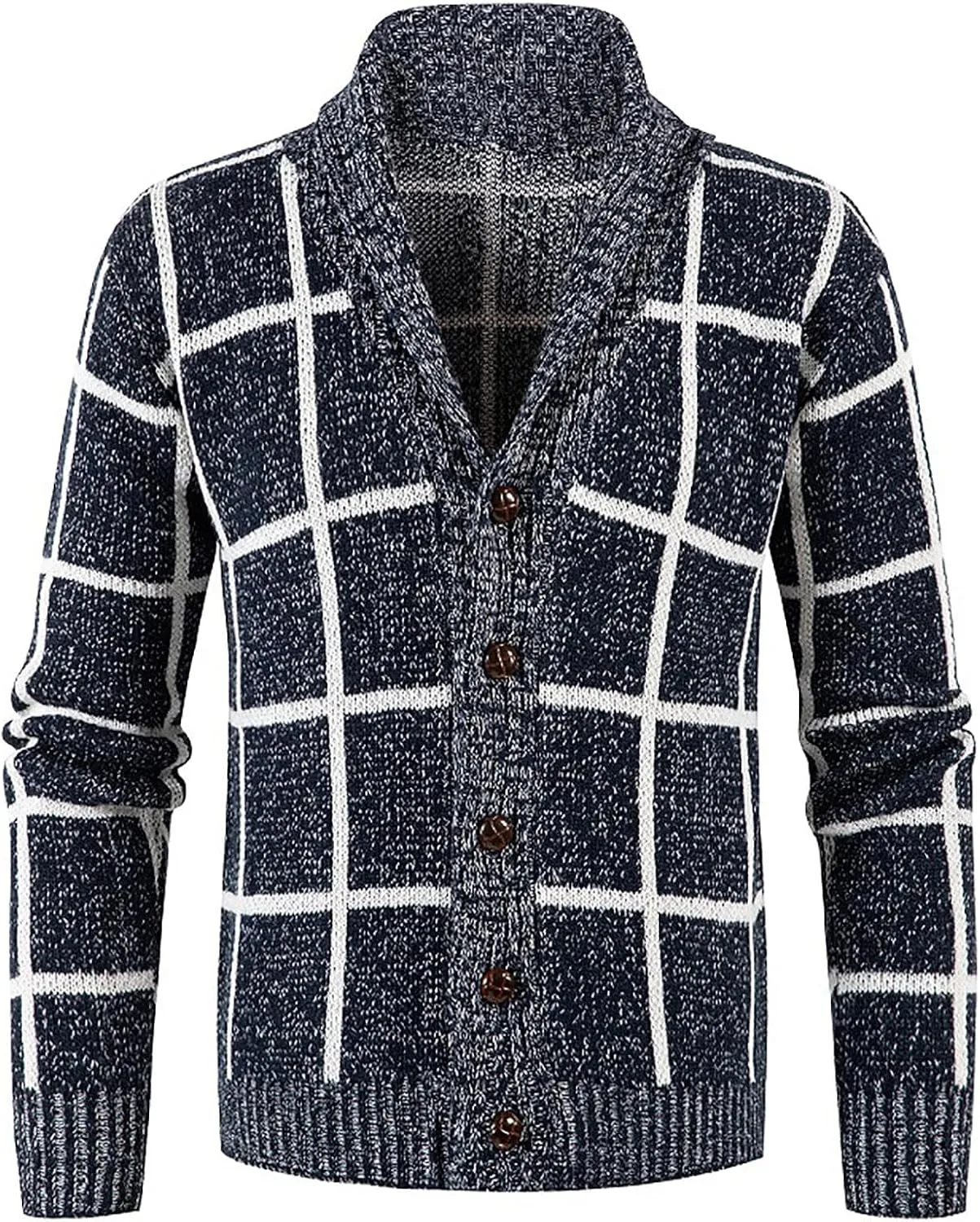 Mens Plaid Cardigan Sweater Button Down Knit Sweater Shawl Collar Cardigan Sweater Lightweight Long Sleeve Sweater