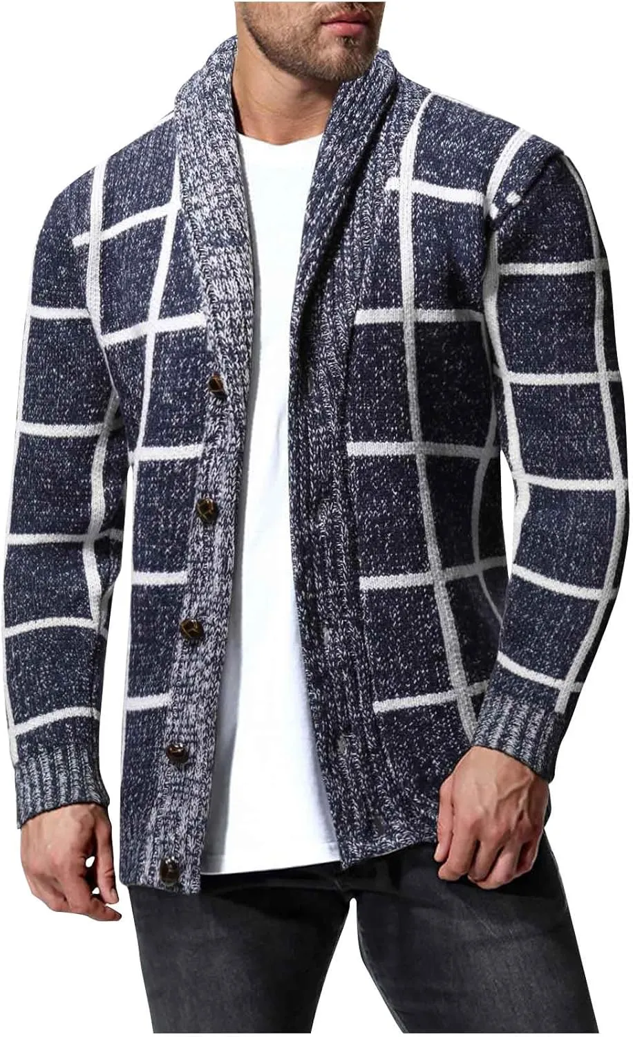 Mens Plaid Cardigan Sweater Button Down Knit Sweater Shawl Collar Cardigan Sweater Lightweight Long Sleeve Sweater