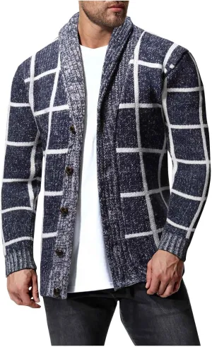 Mens Plaid Cardigan Sweater Button Down Knit Sweater Shawl Collar Cardigan Sweater Lightweight Long Sleeve Sweater