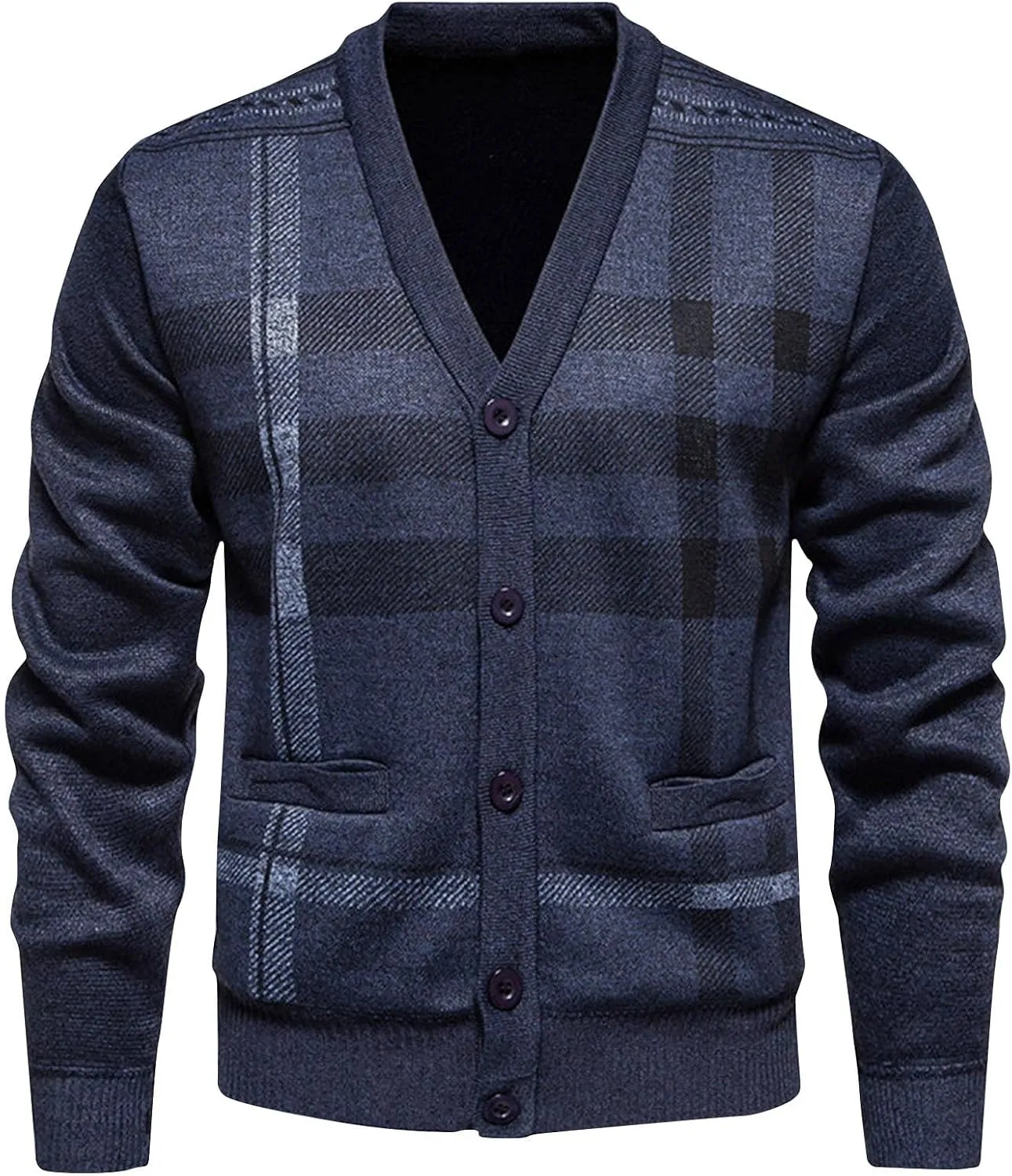 Mens Plaid Cardigan Sweater V Neck Knit Sweater Button Down Open Front Cardigan Plus Size Cardigan Sweater