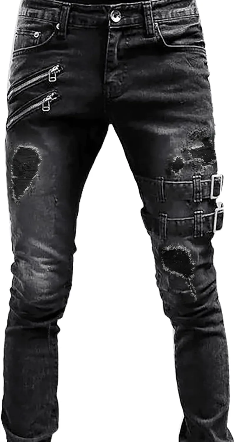 Men's Regular Fit Jeans Fit Ripped Trousers Slim Straight Men's Pants Washed Old Loose Fashion Casual Jeans Men Blue
