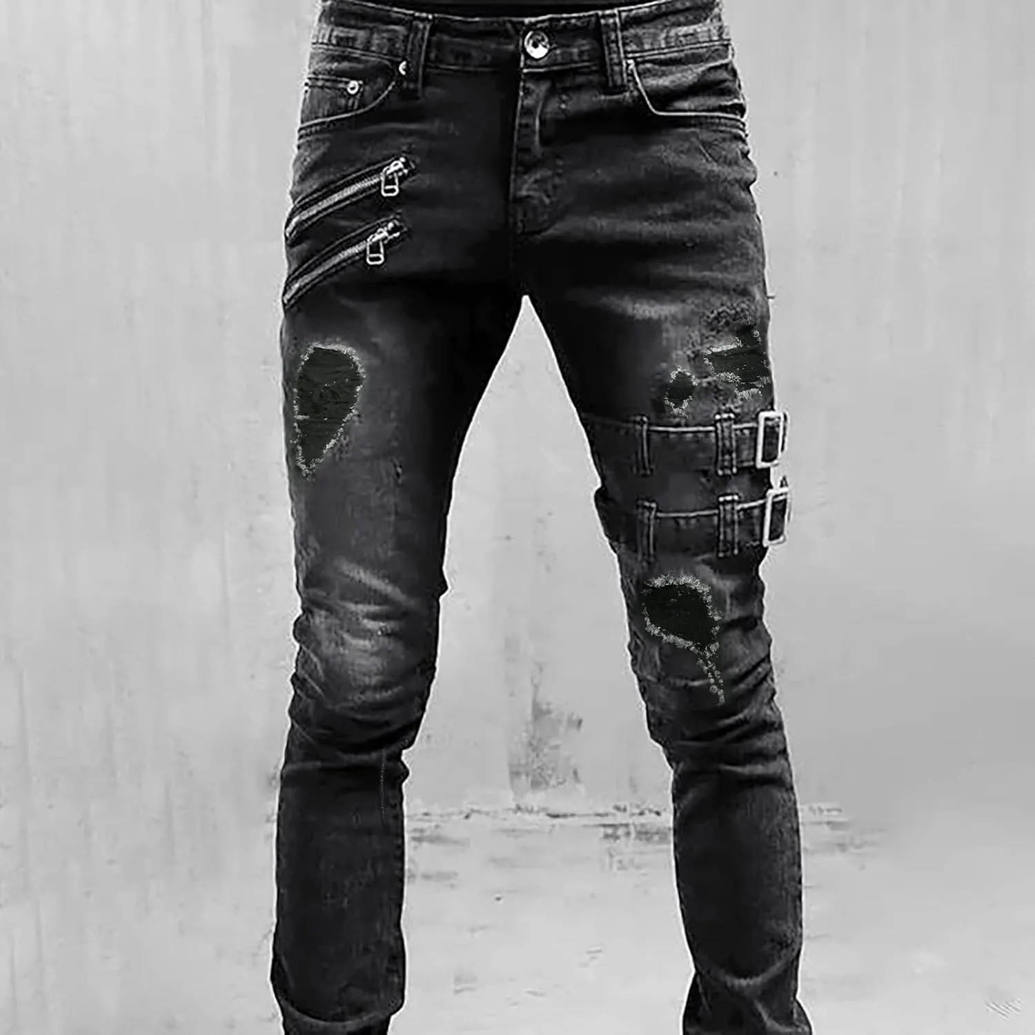 Men's Regular Fit Jeans Fit Ripped Trousers Slim Straight Men's Pants Washed Old Loose Fashion Casual Jeans Men Blue