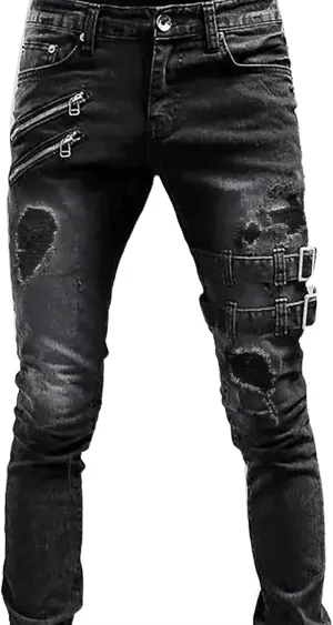 Men's Regular Fit Jeans Fit Ripped Trousers Slim Straight Men's Pants Washed Old Loose Fashion Casual Jeans Men Blue