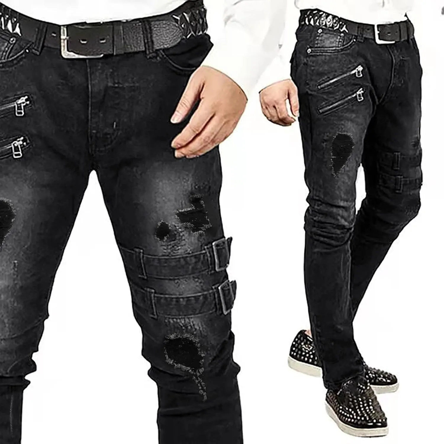 Men's Regular Fit Jeans Fit Ripped Trousers Slim Straight Men's Pants Washed Old Loose Fashion Casual Jeans Men Blue