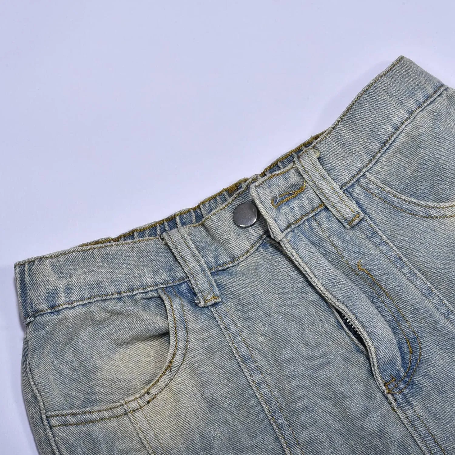 Men's Regular Fit Straight Hole Buckle Zipper Middle Waist Denim Long Pants Trousers Pants Wide Leg Trousers Pants