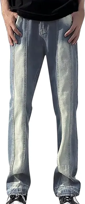 Men's Regular Fit Straight Hole Buckle Zipper Middle Waist Denim Long Pants Trousers Pants Wide Leg Trousers Pants