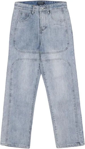 Men's Retro Straight Loose Wide Leg Pants Moto Washed Distressed Vintage Denim Trouser Fashion Casual Zipper Jeans