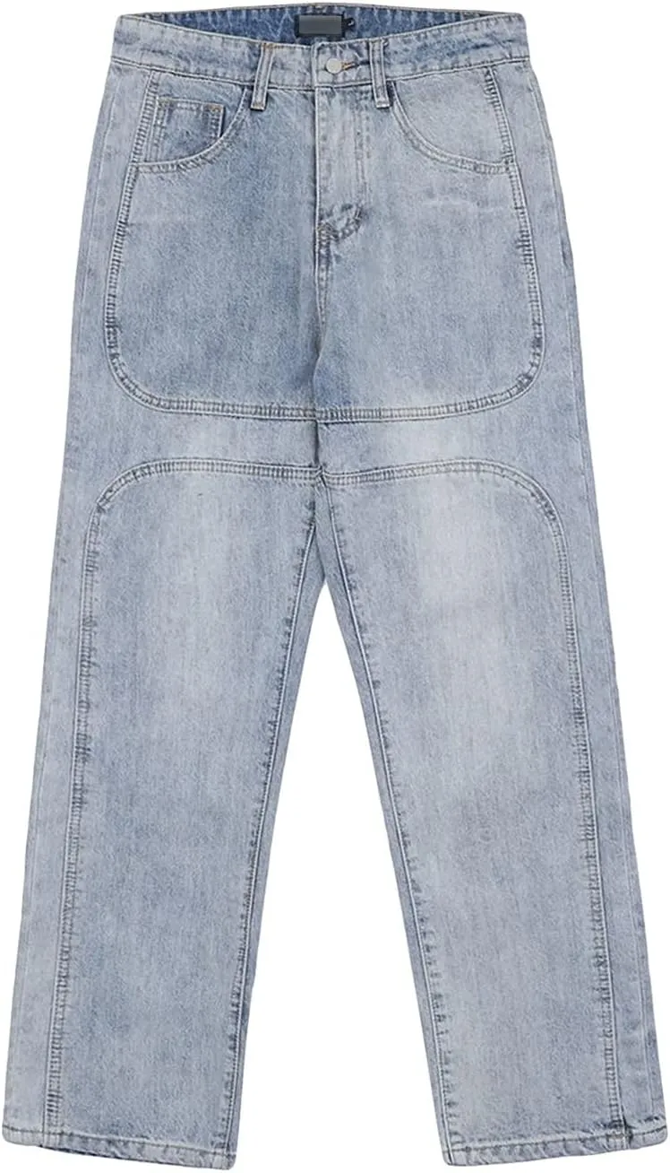 Men's Retro Straight Loose Wide Leg Pants Moto Washed Distressed Vintage Denim Trouser Fashion Casual Zipper Jeans