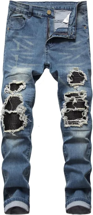 Men's Ripped Skinny Stretch Jeans Vintage Distressed Straight Leg Denim Pants Regular Fit Destroyed Jean Trousers