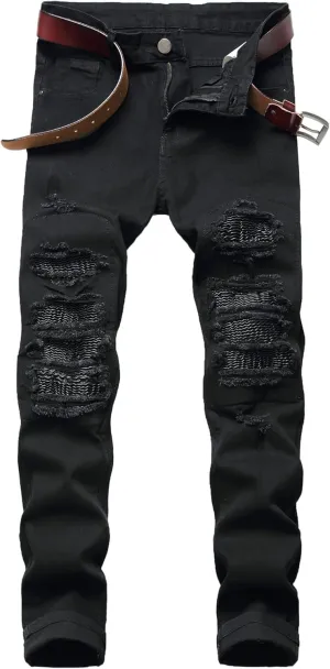 Men's Ripped Skinny Stretch Jeans Vintage Distressed Straight Leg Denim Pants Regular Fit Destroyed Jean Trousers