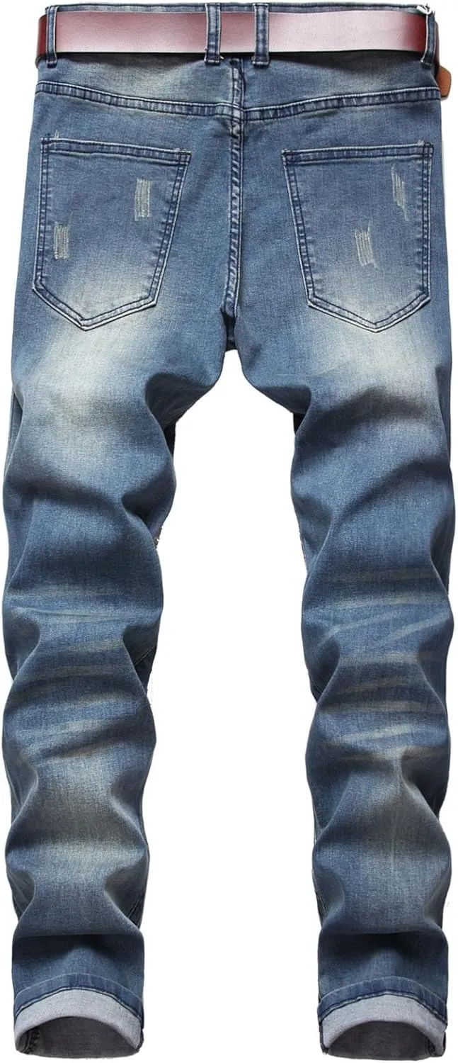 Men's Ripped Skinny Stretch Jeans Vintage Distressed Straight Leg Denim Pants Regular Fit Destroyed Jean Trousers