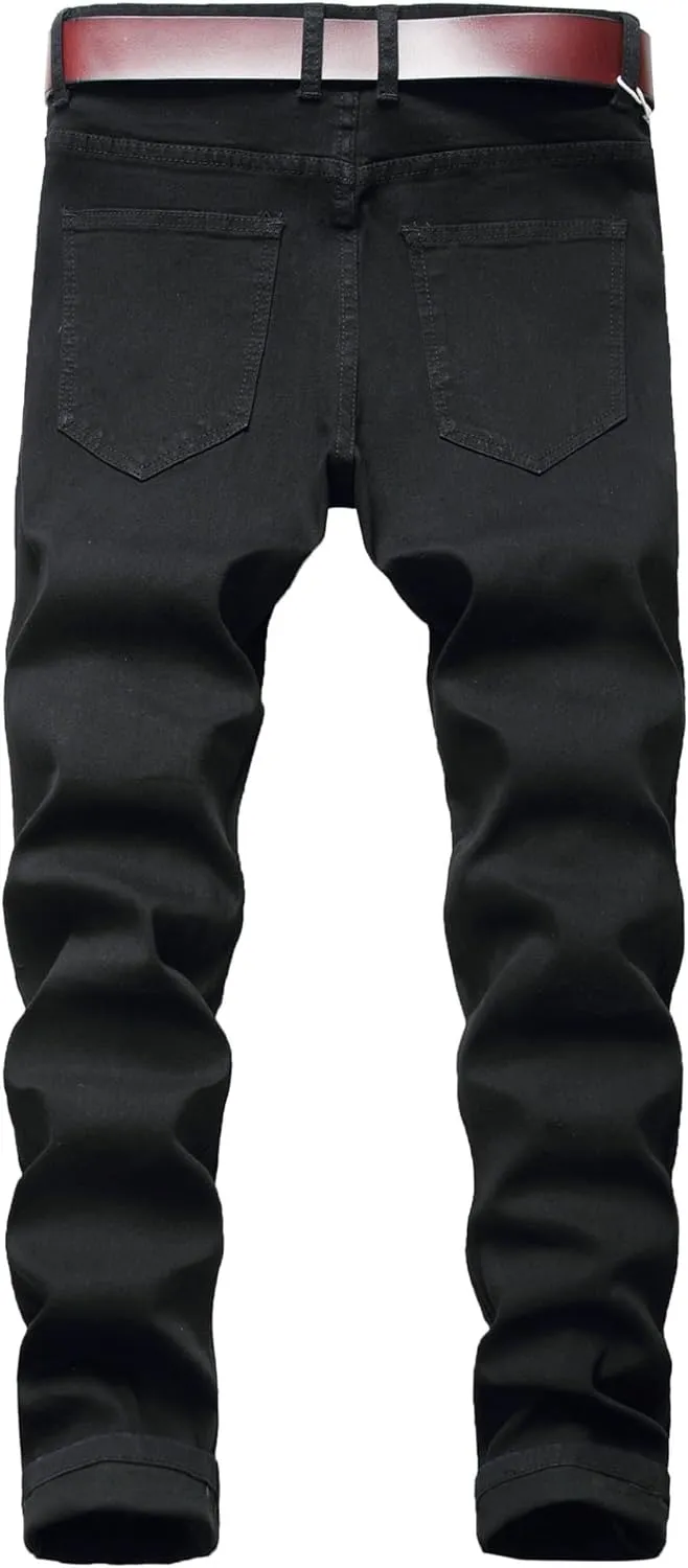 Men's Ripped Skinny Stretch Jeans Vintage Distressed Straight Leg Denim Pants Regular Fit Destroyed Jean Trousers