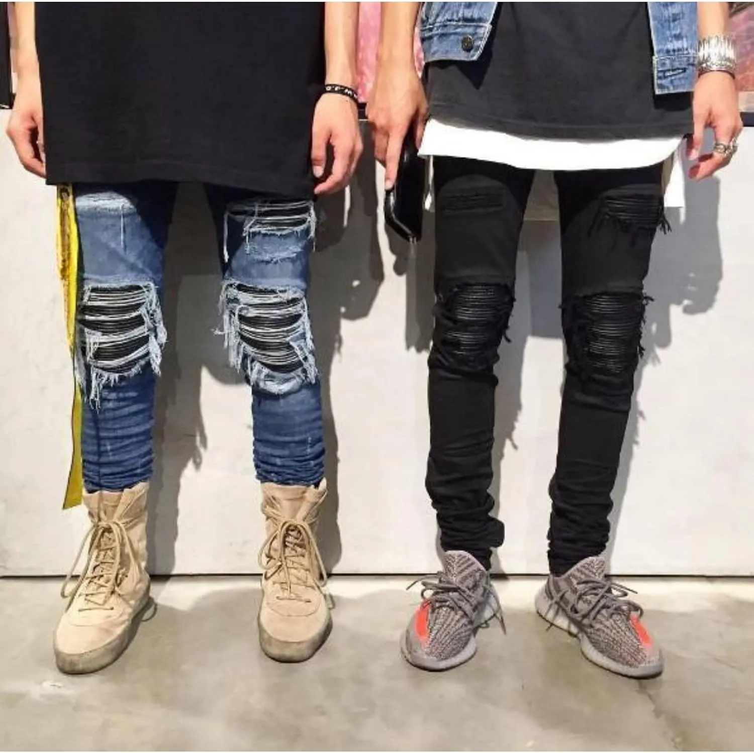 Men's Ripped Skinny Stretch Jeans Vintage Distressed Straight Leg Denim Pants Regular Fit Destroyed Jean Trousers