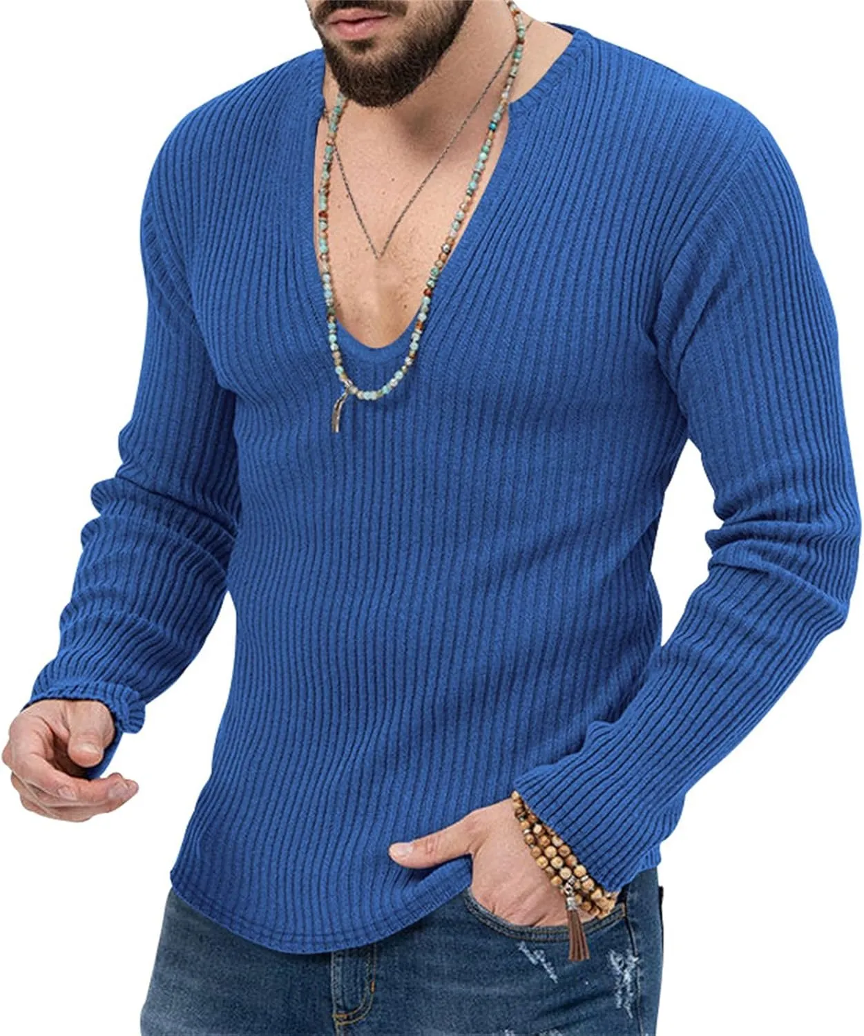 Men's Sexy Deep V Neck Knitted Sweater Slim Fit Lightweight Vintage Pullover Casual Long Sleeve Knitwear Tops
