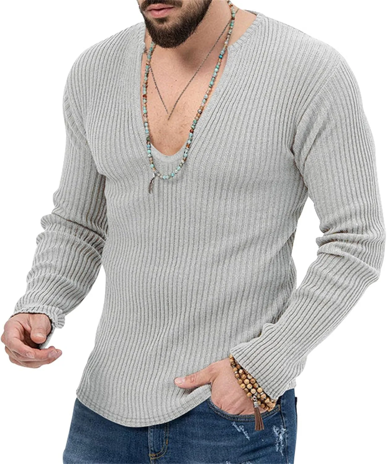 Men's Sexy Deep V Neck Knitted Sweater Slim Fit Lightweight Vintage Pullover Casual Long Sleeve Knitwear Tops