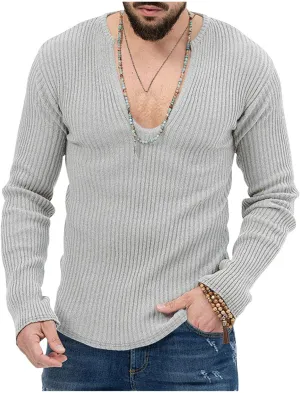 Men's Sexy Deep V Neck Knitted Sweater Slim Fit Lightweight Vintage Pullover Casual Long Sleeve Knitwear Tops