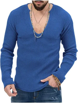 Men's Sexy Deep V Neck Knitted Sweater Slim Fit Lightweight Vintage Pullover Casual Long Sleeve Knitwear Tops