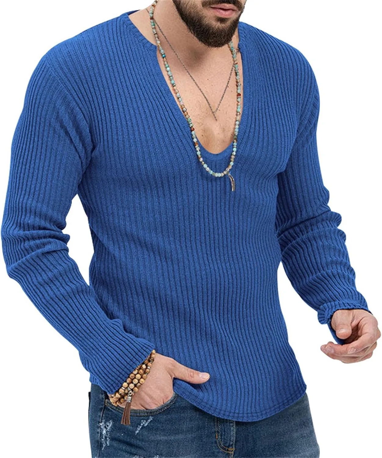 Men's Sexy Deep V Neck Knitted Sweater Slim Fit Lightweight Vintage Pullover Casual Long Sleeve Knitwear Tops