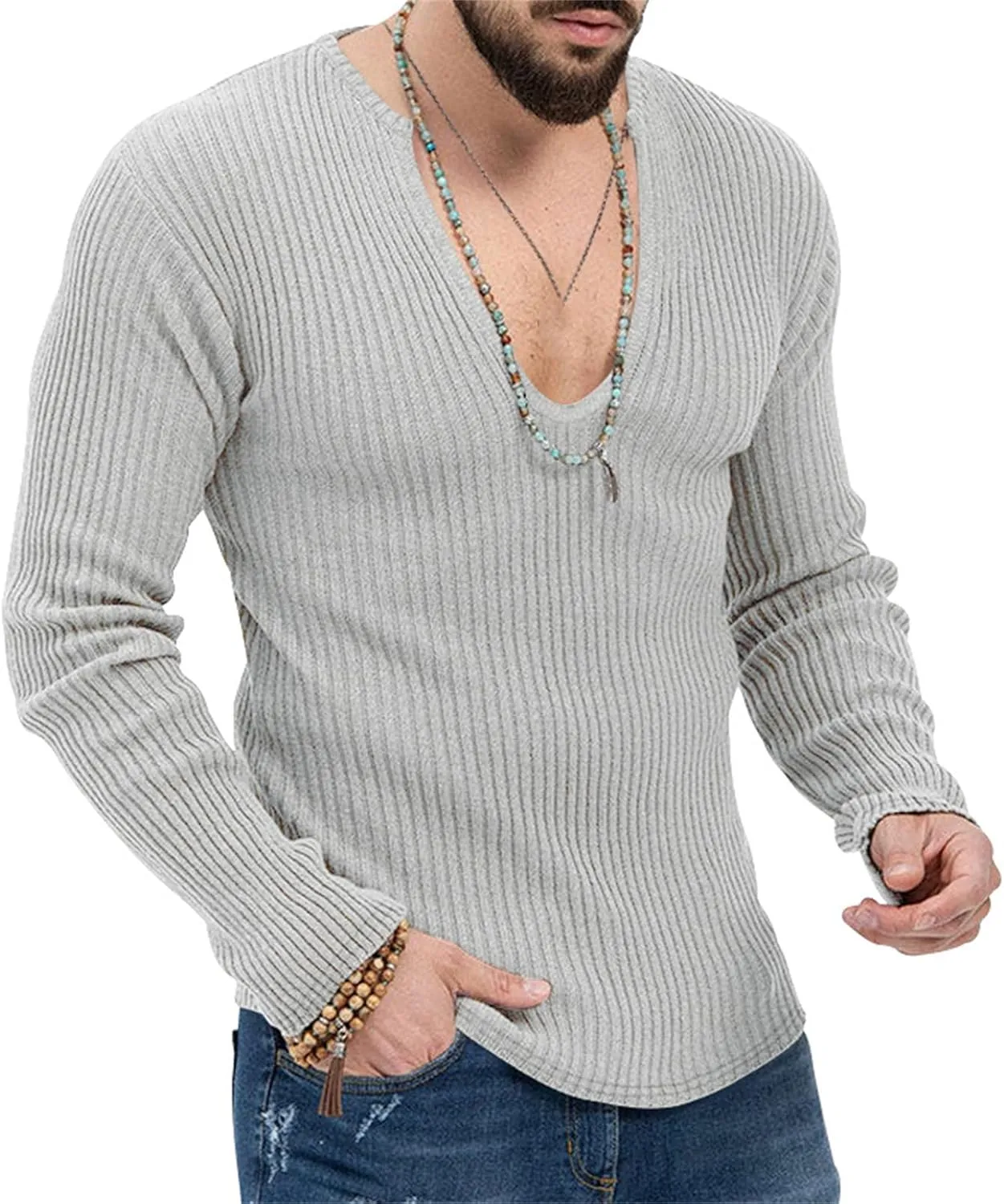 Men's Sexy Deep V Neck Knitted Sweater Slim Fit Lightweight Vintage Pullover Casual Long Sleeve Knitwear Tops