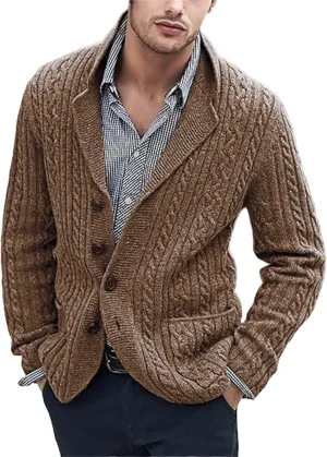 Men's Shawl Collar Sweater Cardigans Casual Cable Knit Button Down Winter Chunky Ribbed Sweaters