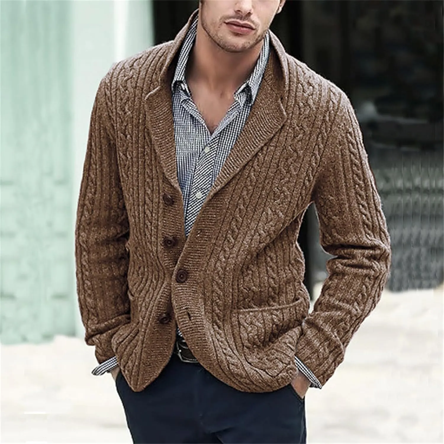 Men's Shawl Collar Sweater Cardigans Casual Cable Knit Button Down Winter Chunky Ribbed Sweaters