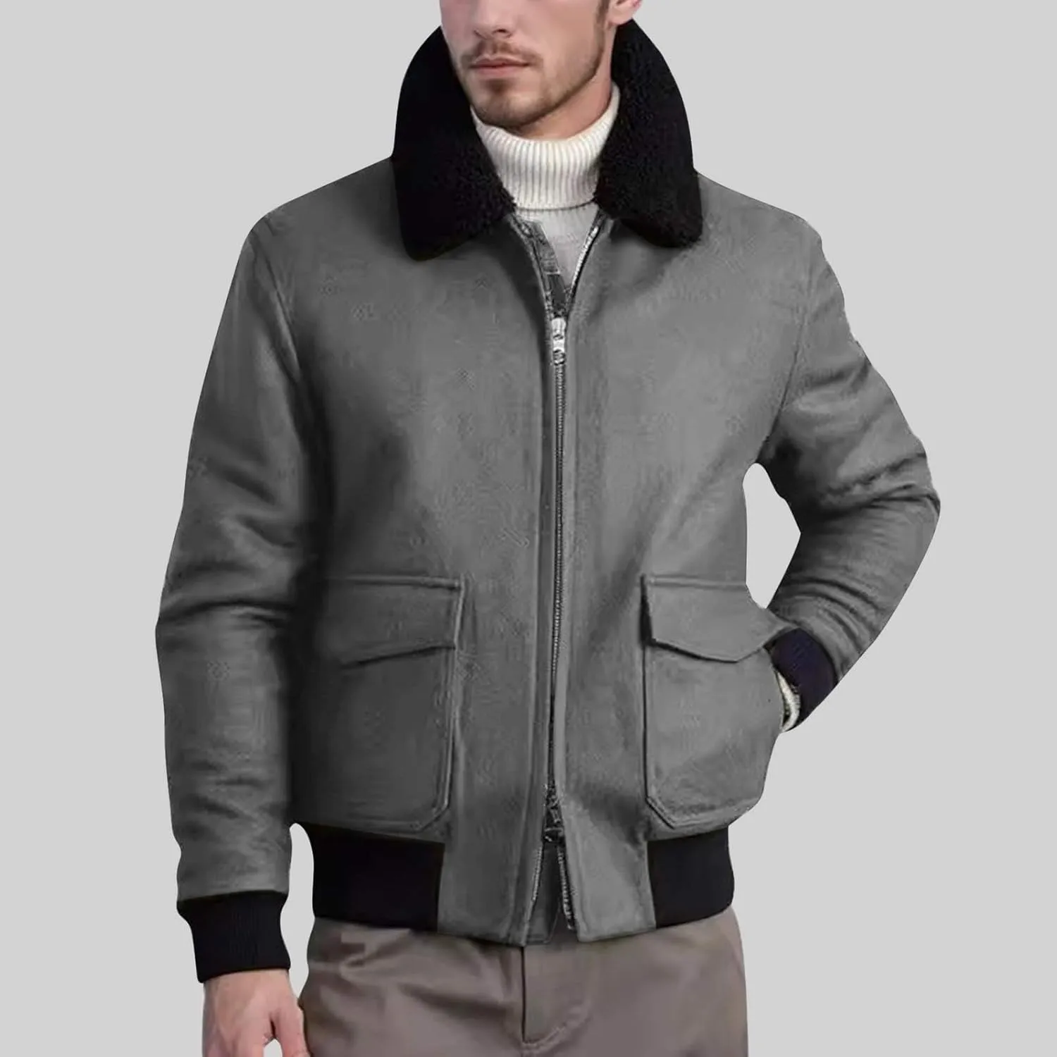 Men's Shearling Sherpa Lined Trucker Bomber Jacket Outwear Full Zip Up Warm Winter Jacket Coats with Faux Fur Collar