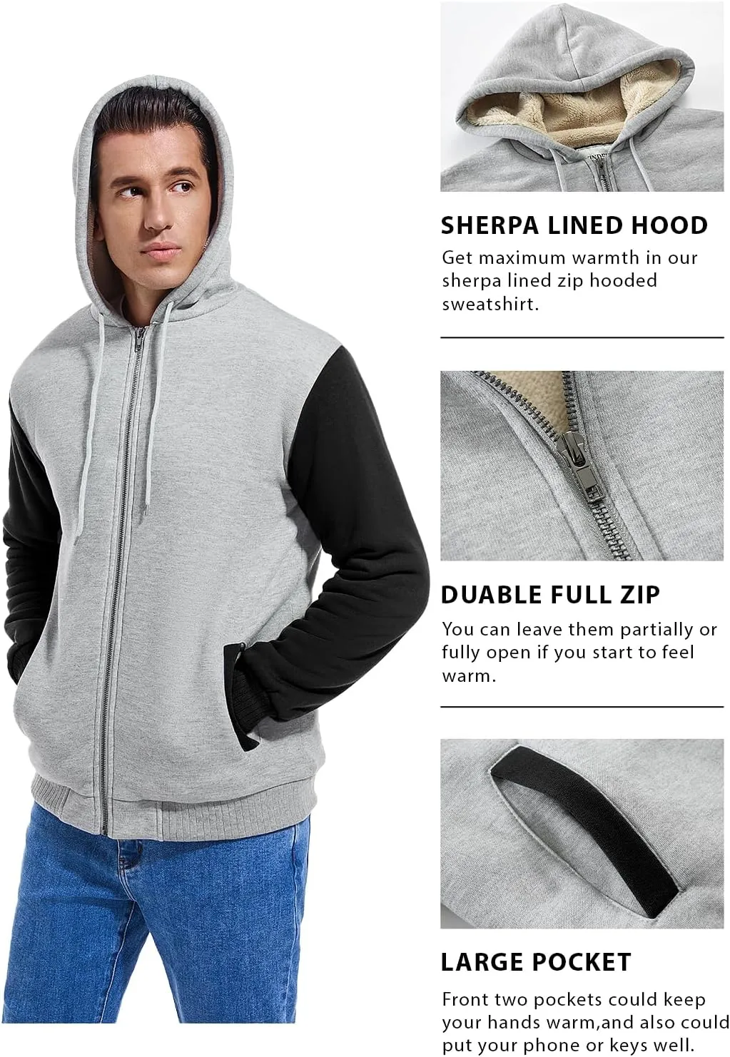 Men's Sherpa Jacket Heavyweight Zip Up Hoodie Fleece Hooded Sweatshirt with Pocket