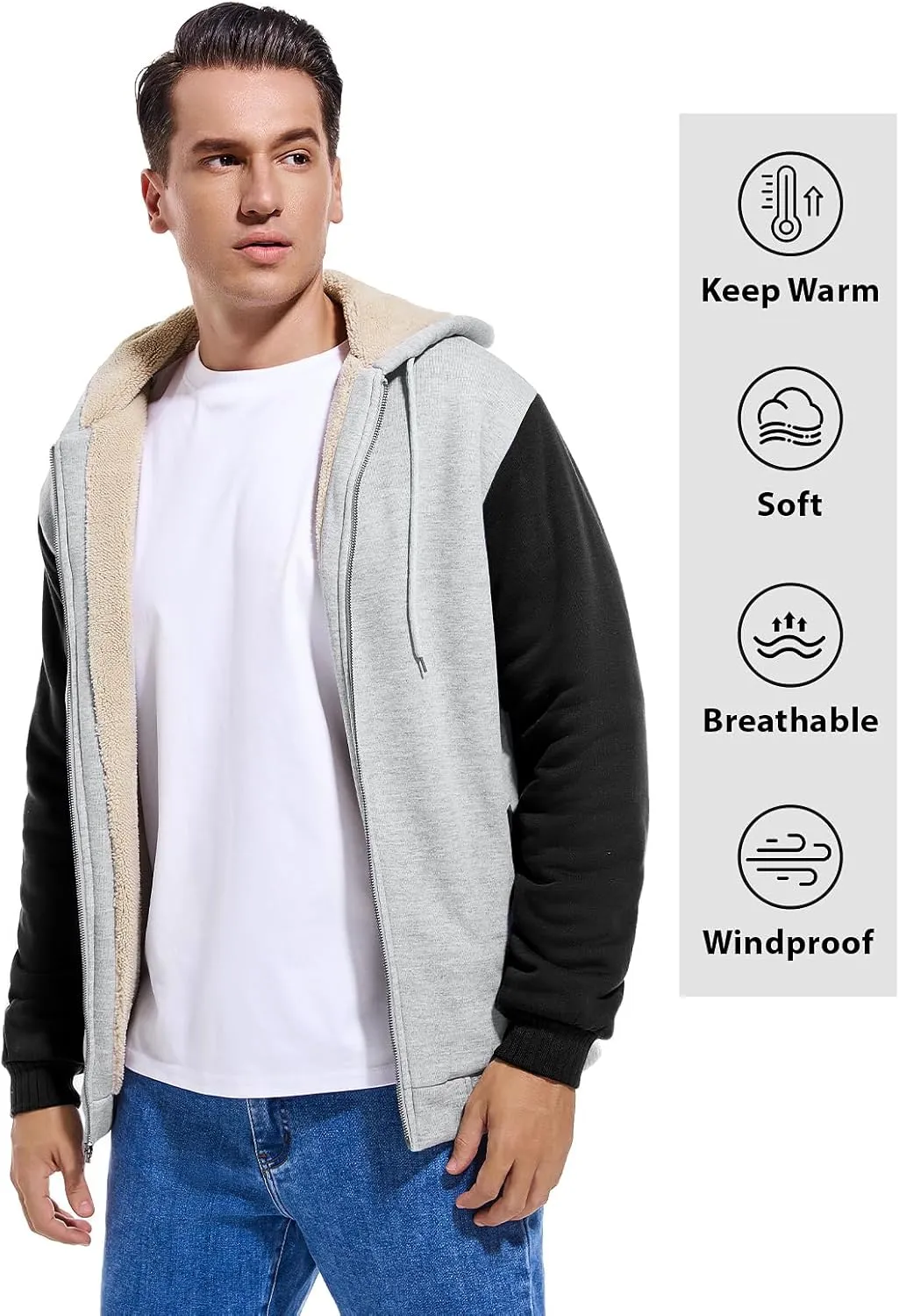Men's Sherpa Jacket Heavyweight Zip Up Hoodie Fleece Hooded Sweatshirt with Pocket