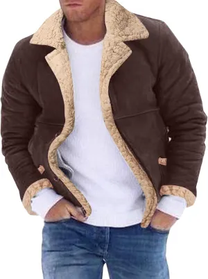 Mens Sherpa Lined Long Jackets with Faux Leather Shearling and Fur Collar, Thermal Heavyweight Winter Leather Jackets