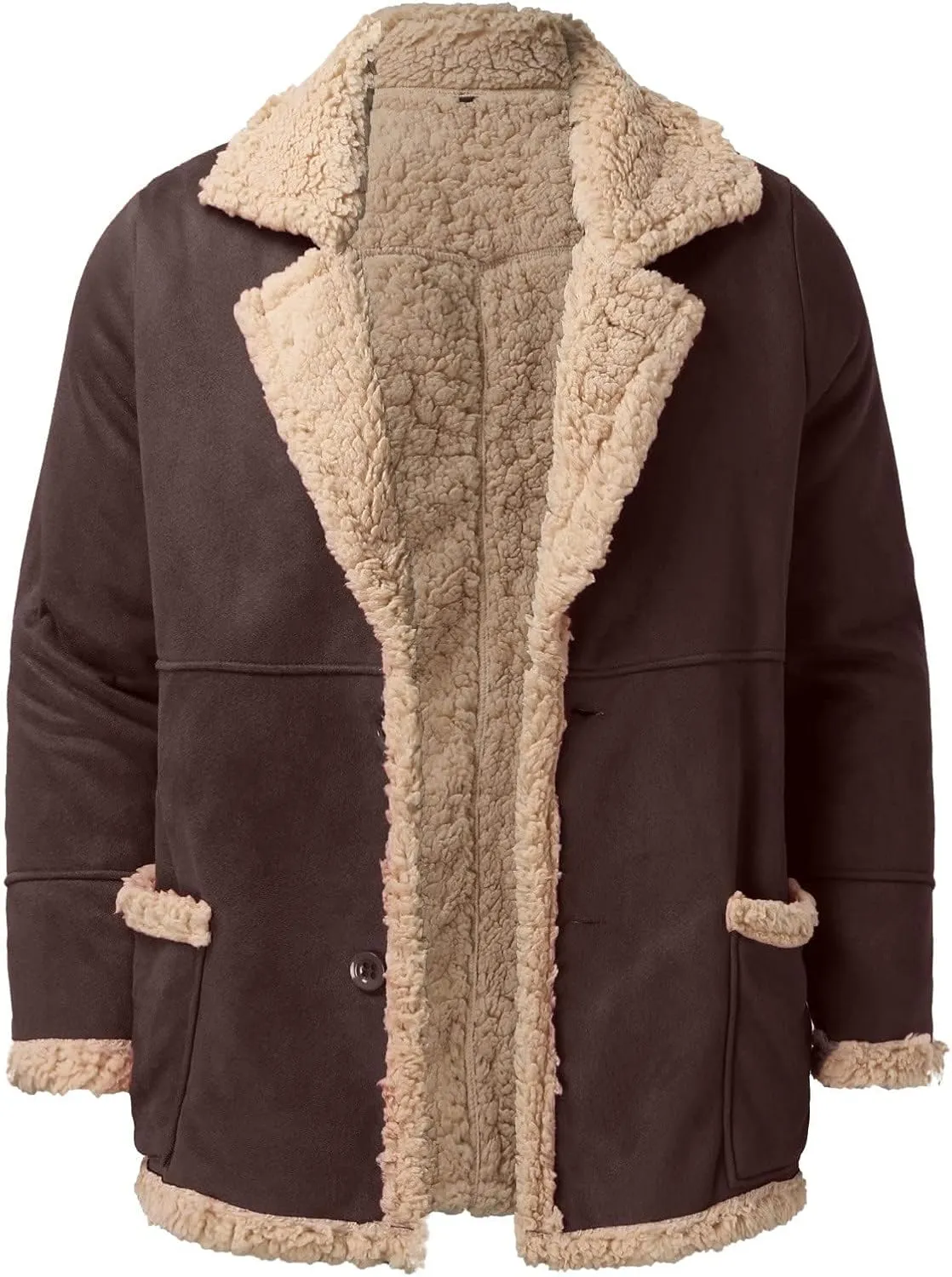 Mens Sherpa Lined Long Jackets with Faux Leather Shearling and Fur Collar, Thermal Heavyweight Winter Leather Jackets