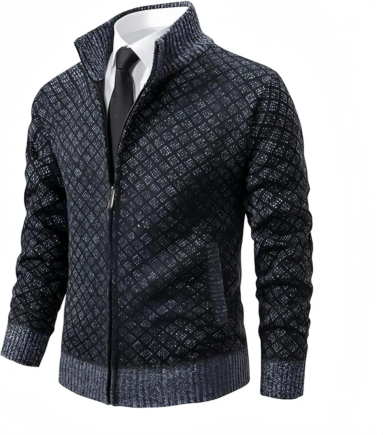 Men's Slim Fit Dressy Sweaters Full Zip Mock Collar Casual Knitted Cardigan with Pockets