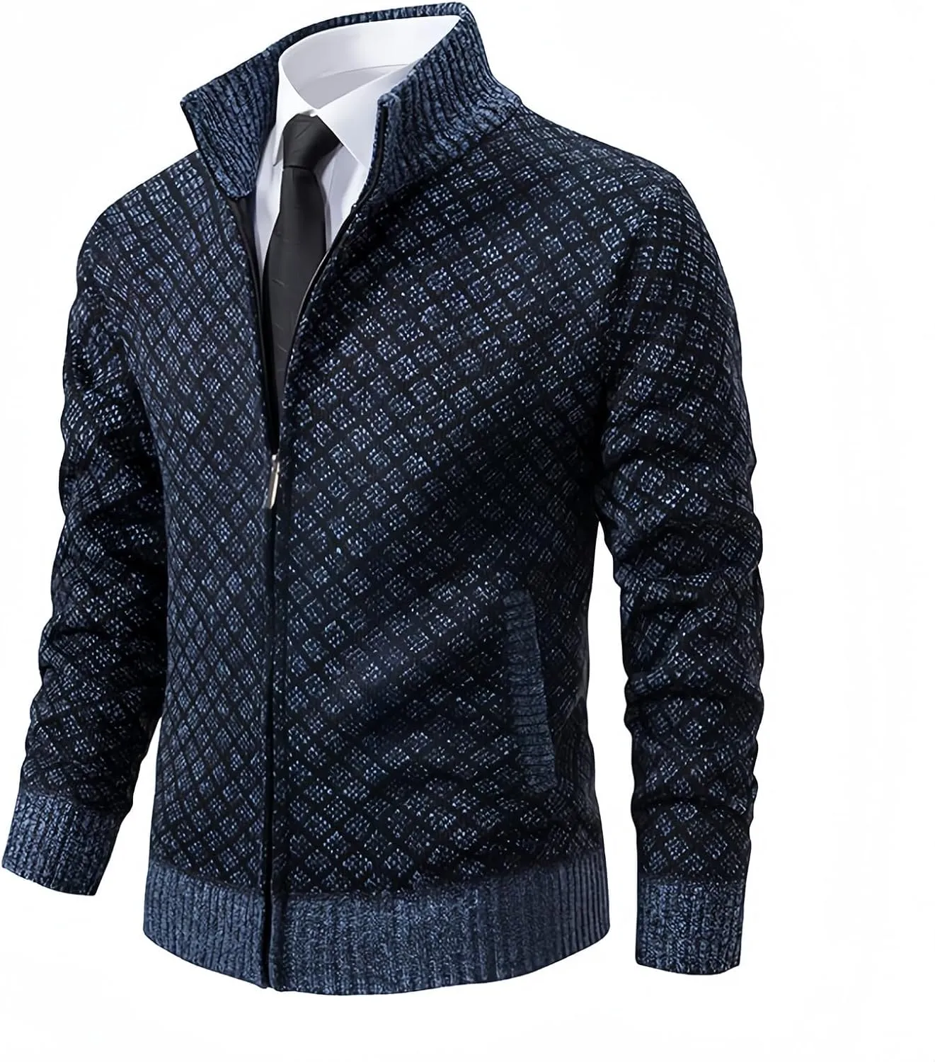 Men's Slim Fit Dressy Sweaters Full Zip Mock Collar Casual Knitted Cardigan with Pockets