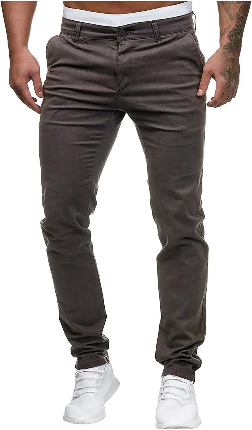 Men's Slim Fit Pants Flat Front Stretch Skinny Tapered Dress Pants Elastic Waist Lightweight Work Pant with Pockets