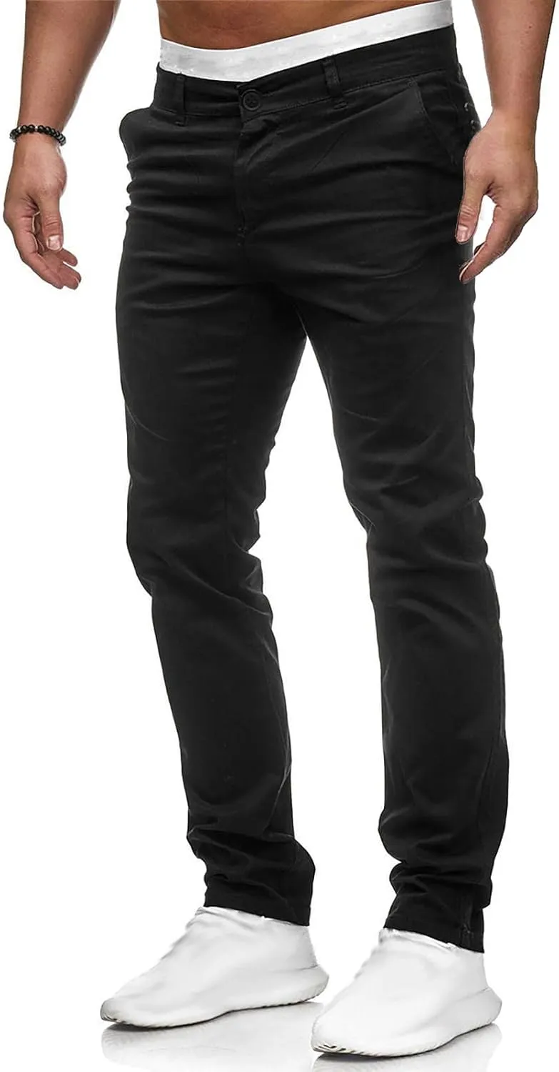 Men's Slim Fit Pants Flat Front Stretch Skinny Tapered Dress Pants Elastic Waist Lightweight Work Pant with Pockets