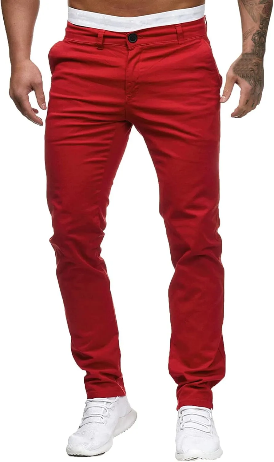 Men's Slim Fit Pants Open Bottom Straight Leg Stretch Waist Pants Solid Chino Casual Tapered Trousers with Pockets
