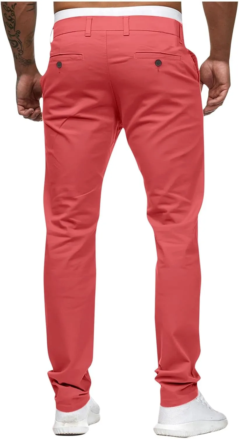Men's Slim Fit Pants Open Bottom Straight Leg Stretch Waist Pants Solid Chino Casual Tapered Trousers with Pockets