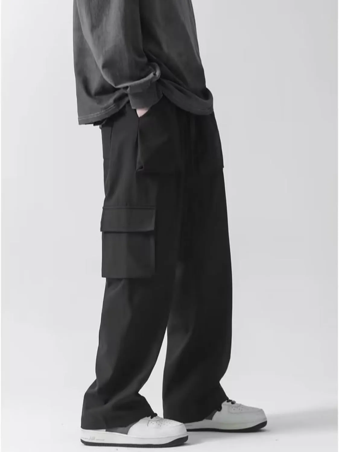 Men's Solid Color Straight Cargo Pants Multi Pocket Loose Wide Leg Trousers Fashionable Loose Sports Casual Pants