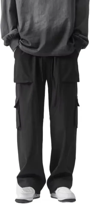 Men's Solid Color Straight Cargo Pants Multi Pocket Loose Wide Leg Trousers Fashionable Loose Sports Casual Pants