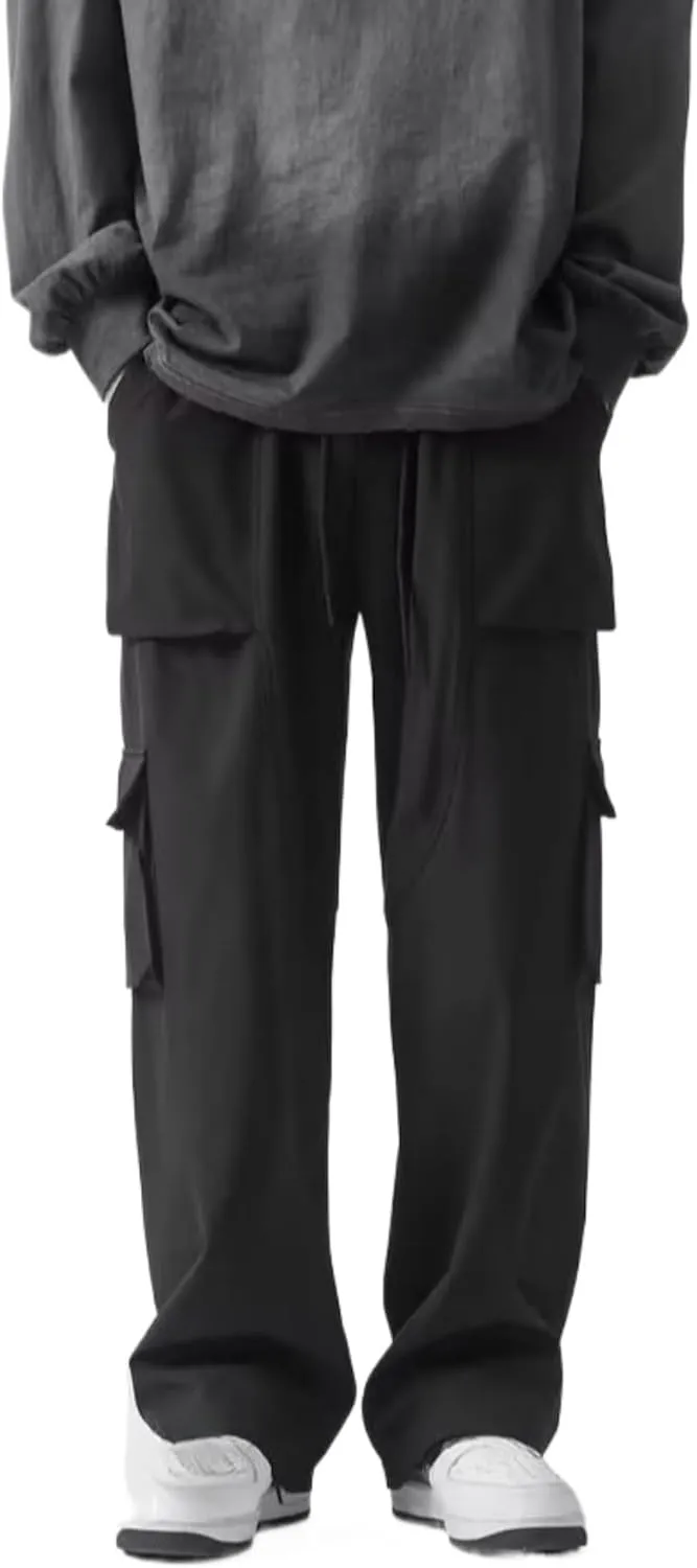 Men's Solid Color Straight Cargo Pants Multi Pocket Loose Wide Leg Trousers Fashionable Loose Sports Casual Pants