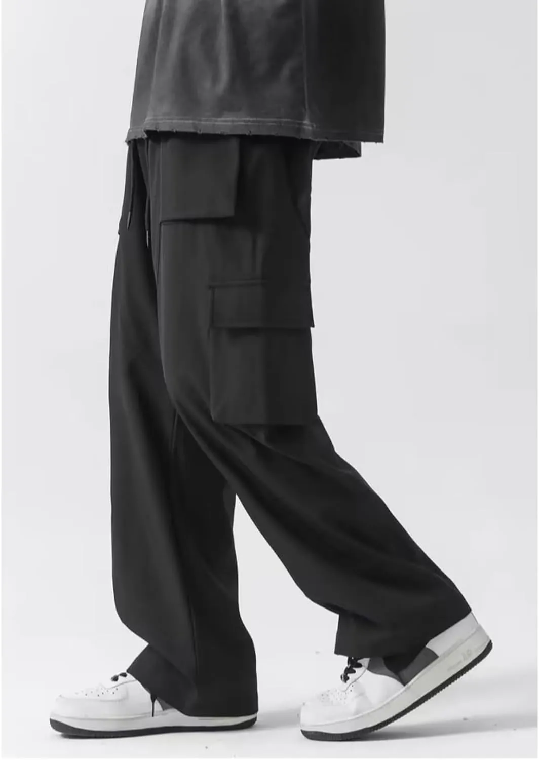 Men's Solid Color Straight Cargo Pants Multi Pocket Loose Wide Leg Trousers Fashionable Loose Sports Casual Pants