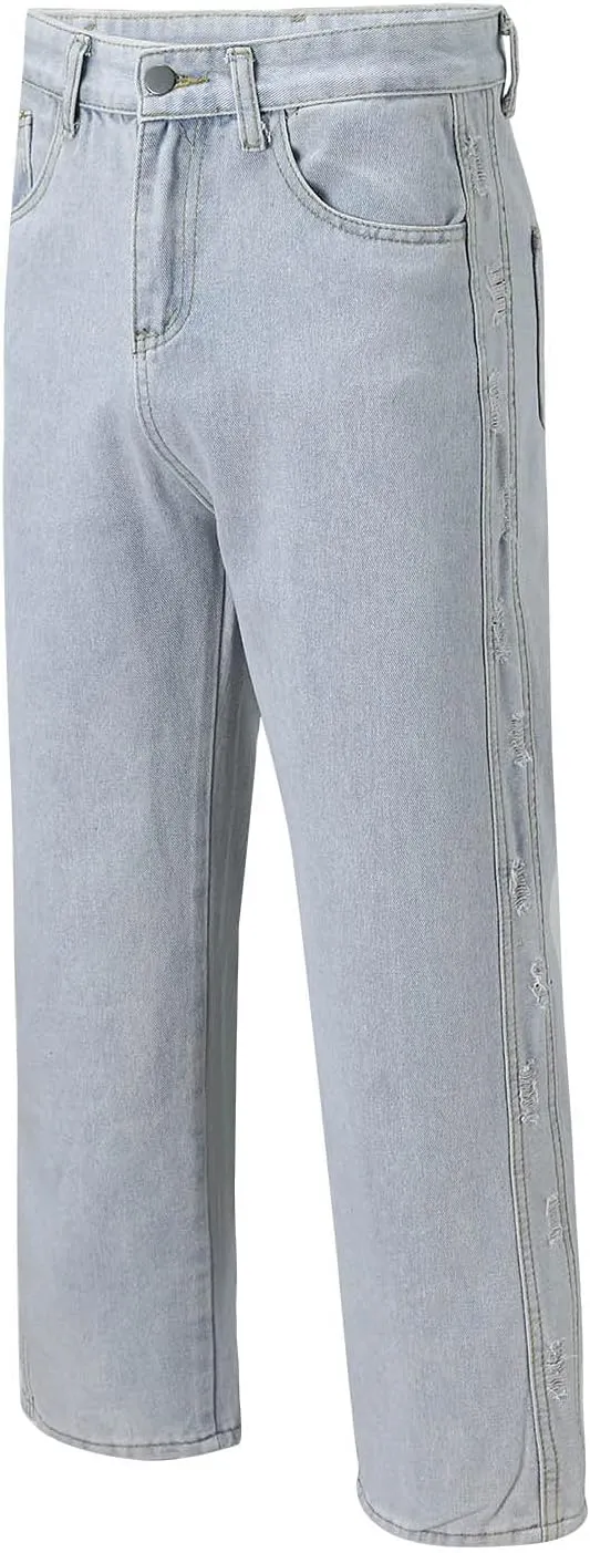 Mens Stacked Jeans Solid Frayed Edges Jeans Wide Leg Straight Denim Pant Y2k Hip Hop Baggy Trousers Cargo Denim Pants