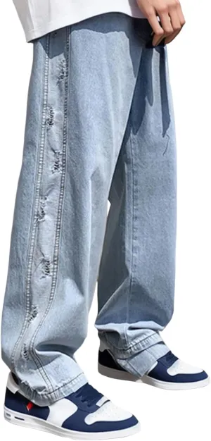 Mens Stacked Jeans Solid Frayed Edges Jeans Wide Leg Straight Denim Pant Y2k Hip Hop Baggy Trousers Cargo Denim Pants